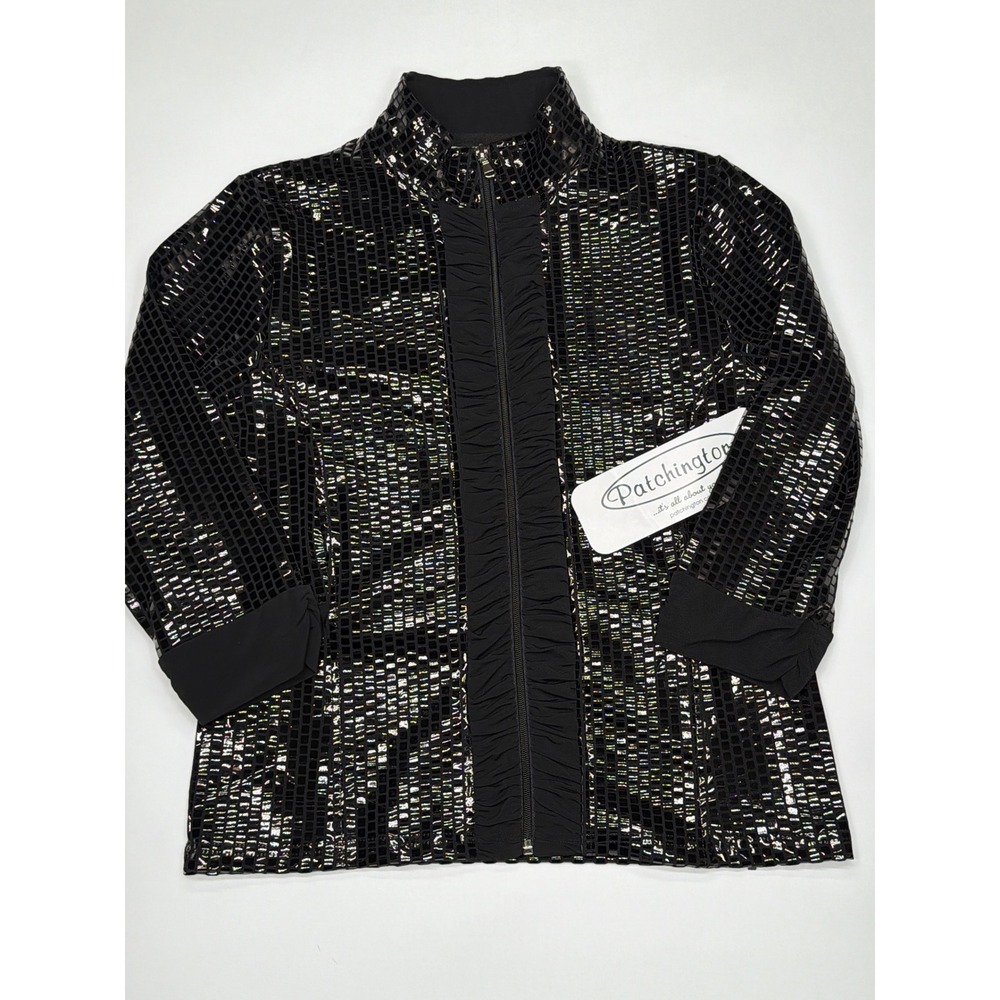 NWT Patchington Womens Black Metallic Grid Ruffle Zip Front Party‎ Jacket Small